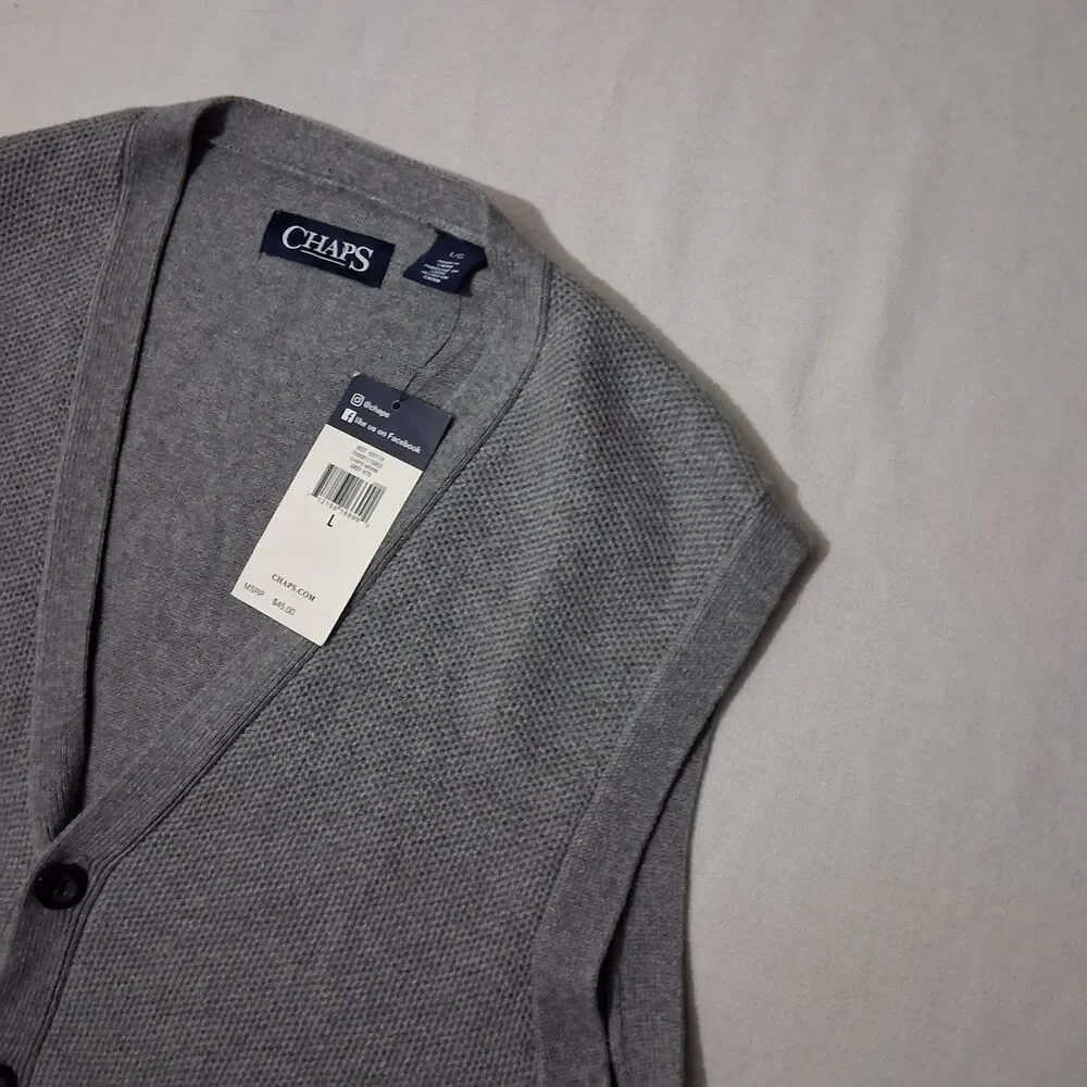 Chaps Men's Large Vest NEW WITH TAGS Gray 100% Cotton Button Up